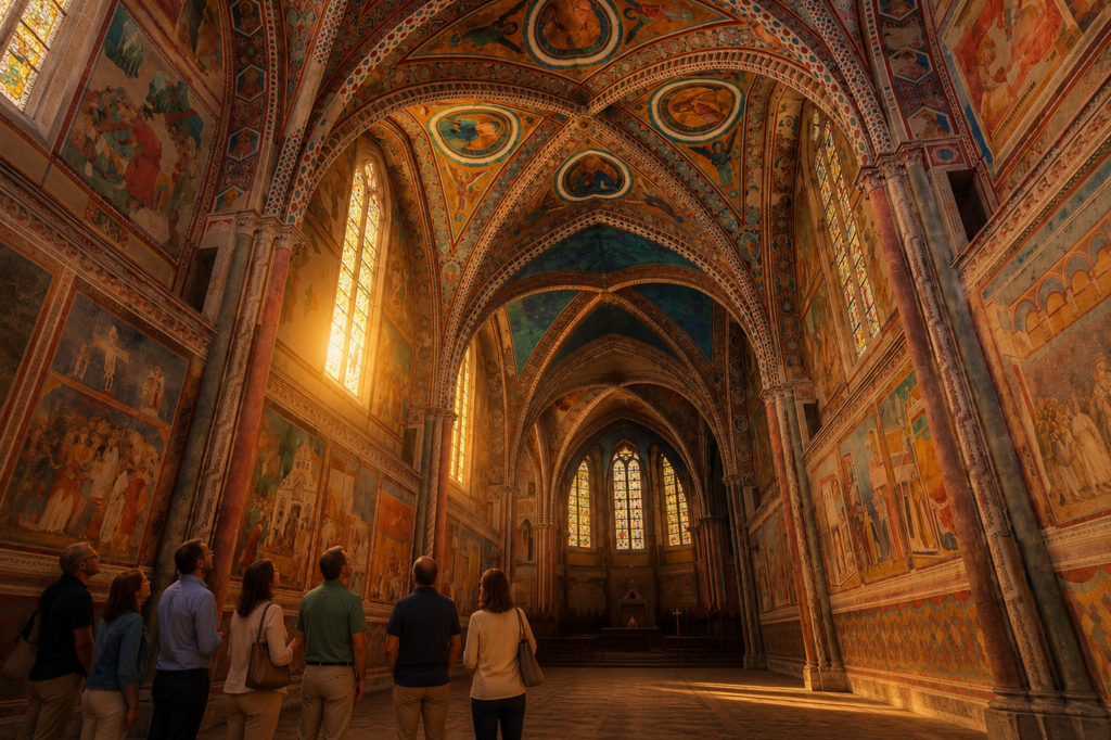 Interior de la Basílica de San Francisco de Asís con frescos durante peregrinación organizada 2026